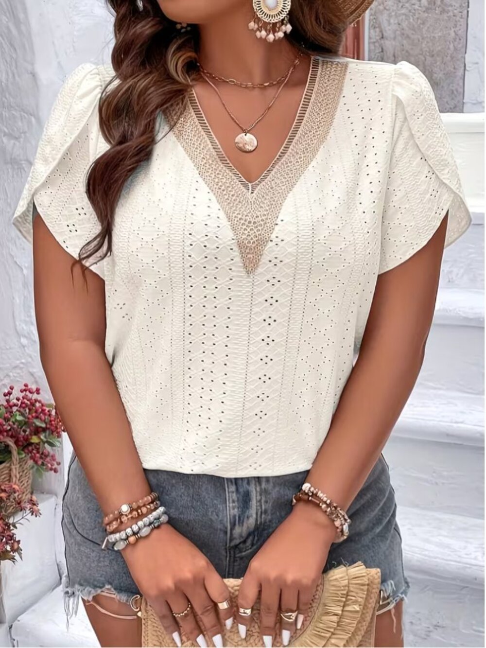 Hollow-Out Lace V-Neck Irregular Cuff T-shirt
